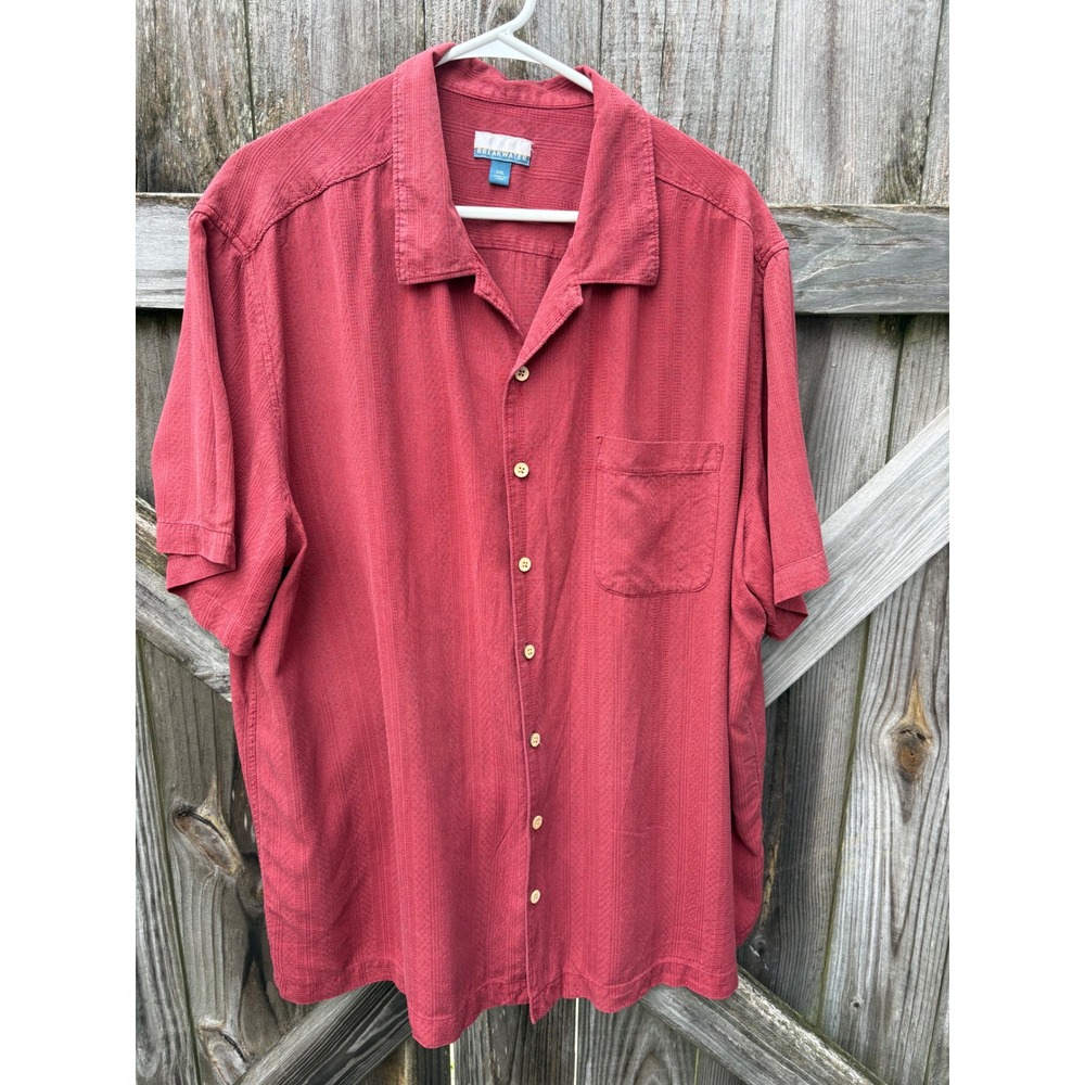 Breakwater Mens XXL Red Silk Blend Textured Jacquard Camp Shirt Short Sleeve